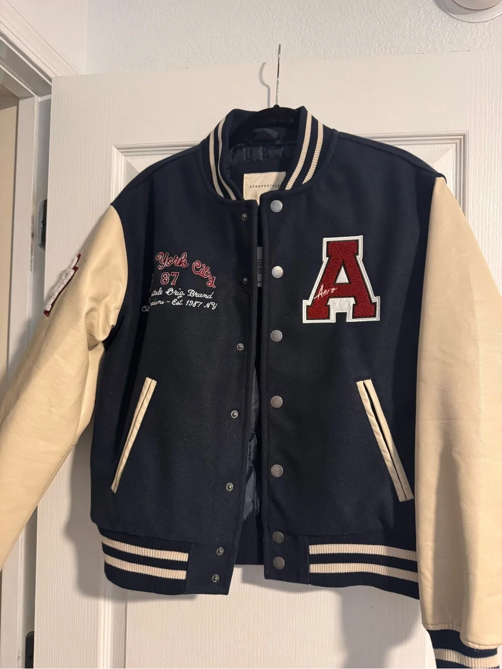 Aeropostale Navy and Cream Varsity Jacket with Red 'A' Patch